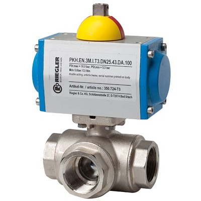 Bild von RIEGLER® - Messingkugelhahn, pneumatischer Stellantrieb, L-Bohrung, Rp 1", L=133