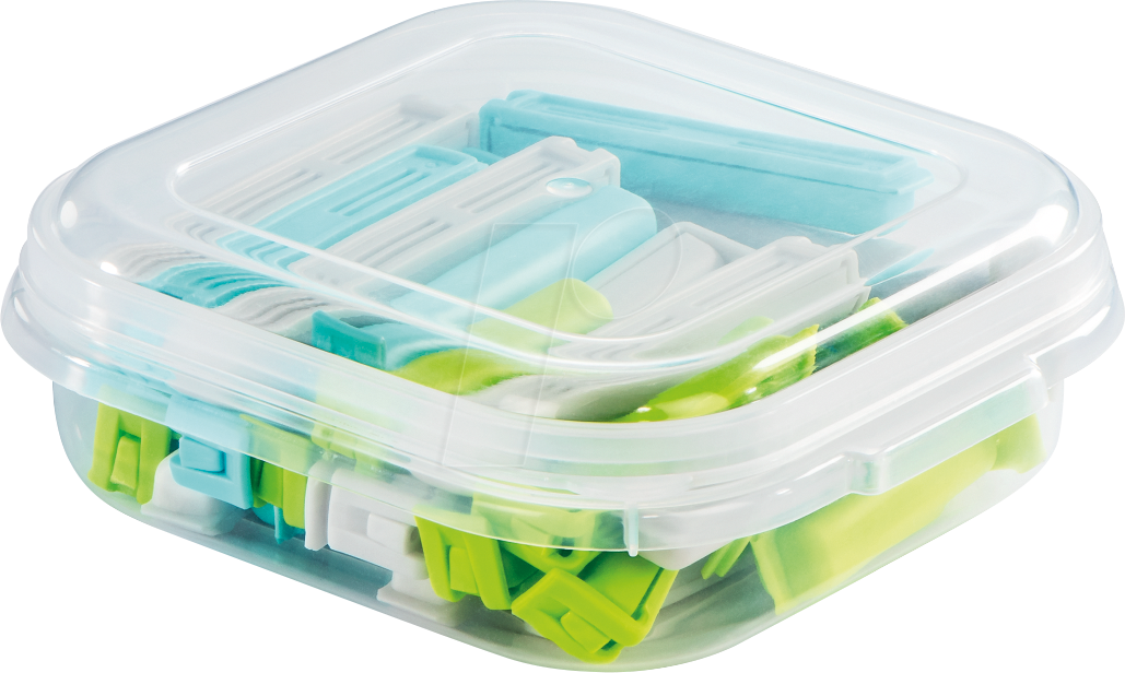 Bild von Xavax Küchenhelfer Verschlussclips-Set mit praktischer Aufbewahrungsb, Lebensmittelverpackung, Weiss, Blau, Grün