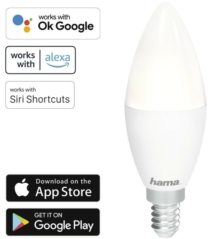 Bild von Hama WLAN Lampe mit Lampenfassung E14, (Smart Lampe funktioniert ohne Hub, LED Leuchtmittel mit 5,5W in Kerzenform, Sprach-/App-Steuerung, Smart Home Lampe für verschiedene Lichtatmosphären) Weiß
