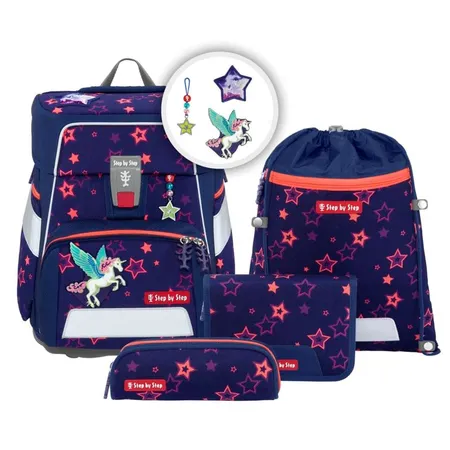 Bild von Step by Step Schulranzen-Set SPACE SHINE „Pegasus Night Nuala“ 5-teilig, ergonomisch mit Reflektoren, höhenverstellbar mit Hüftgurt, Grundschule, 1. Klasse, 20L, lila-rosa, Pferd