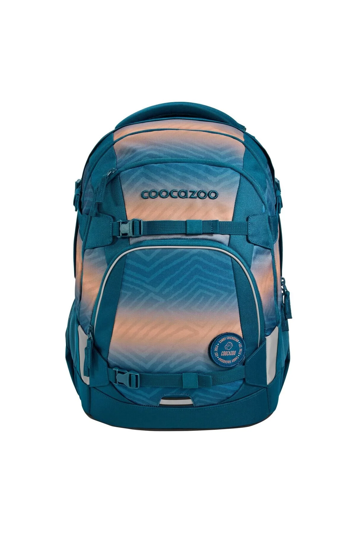 Bild von coocazoo Schulrucksack Mate „Pacific Tribes”, blau-orange, ergonomischer & anpassbarer Tornister, höhen- & größenverstellbar, mit Brustgurt & Hüftgurt, ab der 3. Klasse