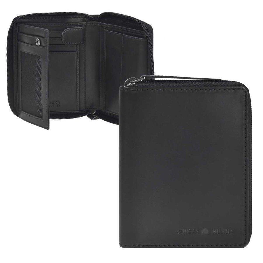 Bild von Geldbörse Herren mit Reißverschluss schwarz 10x13cm Leder mit RFID Schutz Portemonnaie Portmonee Geldbeutel Pure Black GREENBURRY (1126-20)