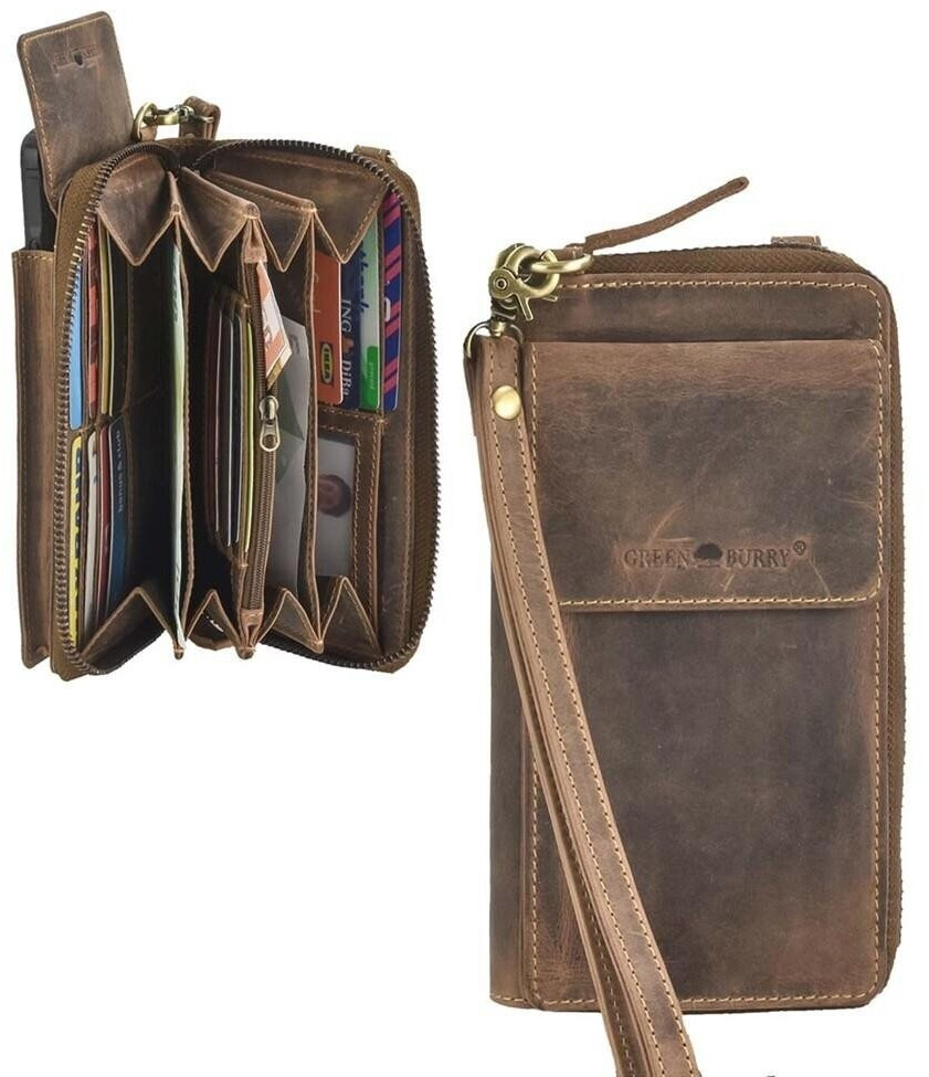 Bild von Handytasche zum Umhängen Leder mit Geldbörse mit RFID Schutz "Vintage" antikbraun Handy Umhängetasche mit Handschlaufe, Schultergurt GREENBURRY