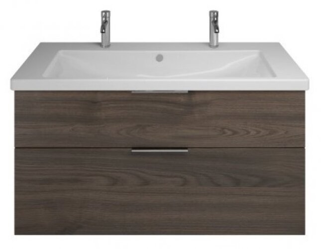 Bild von Burgbad Eqio Keramik-Doppelwaschtisch inklusive Waschtischunterschrank, Breite 1230 mm, SEYR123, Farbe (Front/Korpus): Marone Dekor Trüffel / Marone Dekor Trüffel, Griff Chrom G0146