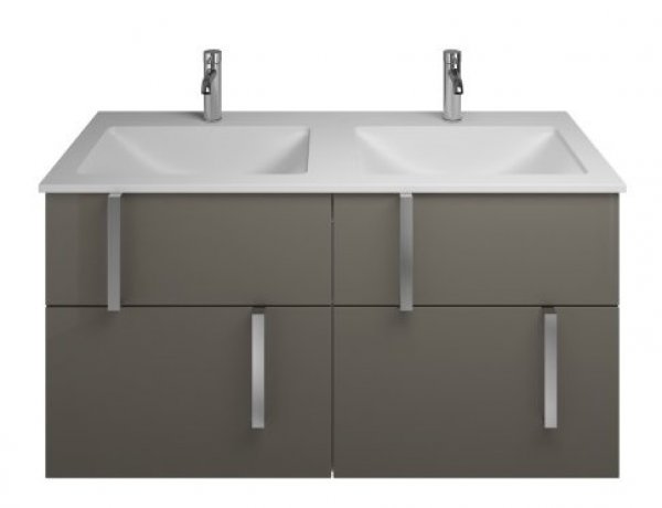 Bild von Burgbad Eqio Mineralguss-Doppelwaschtisch inklusive Waschtischunterschrank, Breite 1220 mm, SEYW122, Farbe (Front/Korpus): Grau Hochglanz / Grau Glänzend, Griff Chrom G0157