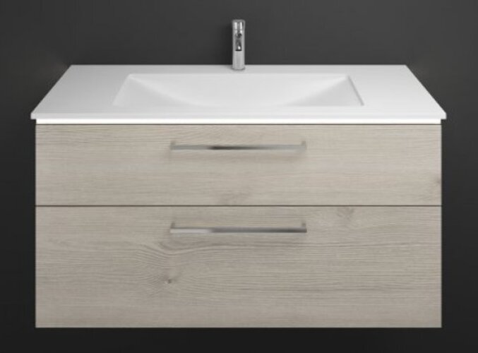 Bild von Burgbad Eqio Mineralguss-Waschtisch inklusive Waschtischunterschrank und LED-Waschtischunterschrankbeleuchtung SEZE122, Breite 1220 mm, Farbe (Front/Korpus): Eiche Dekor Flanelle / Eiche Dekor Flanelle, Stangengriff Chrom P95