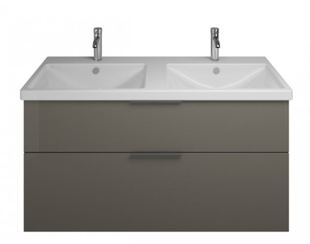 Bild von Burgbad Eqio Keramik-Doppelwaschtisch inklusive Waschtischunterschrank, Breite 1230 mm, SEYS123, Farbe (Front/Korpus): Grau Hochglanz / Grau Glänzend, Griff Schwarz G0200