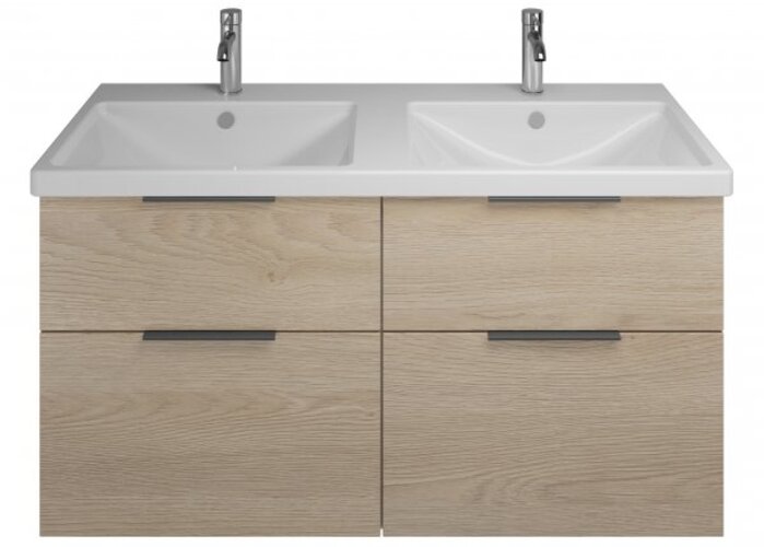 Bild von Burgbad Eqio Keramik-Doppelwaschtisch inklusive WaschtischunterschranK, Breite 1230 mm, SEYT123, Farbe (Front/Korpus): Eiche Dekor Cashmere / Eiche Dekor Cashmere, Griff Schwarz G0200