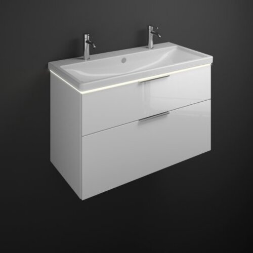 Bild von Burgbad Eqio Keramik-Waschtisch inklusive Waschtischunterschrank und LED-Waschtischunterschrankbeleuchtung, Breite 1030 mm, SEZB103, Farbe (Front/Korpus): Grau Hochglanz / Grau Glänzend, Stangengriff Chrom P95