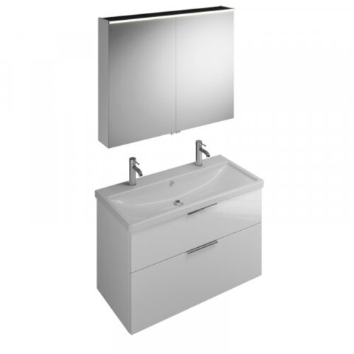 Bild von Burgbad Eqio Set, bestehend aus Spiegelschrank, Keramik-Doppelwaschtisch mit 1 Beckenmulde und Waschtischunterschrank, Breite: 1030 mm, SFAO103, Farbe (Front/Korpus): Grau Hochglanz / Grau Glänzend, Stangengriff Chrom P95