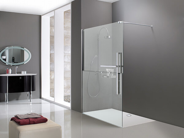Bild von Hüppe Duplo pure Walk-In 4-Eck Seitenwand 1teilig, Breite:130cm, Linksbefestigung, DT0003, Duschkabinen: Profilfarbe chrom Glas ESG Sand Plus mit Anti-Plaque
