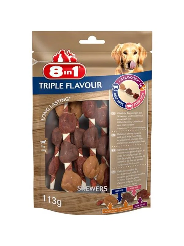 Bild von 8in1 Triple Flavour Skewers Kaustangen für Hunde - Kausnacks mit extra viel Fleisch, 113g Beutel (ca. 6 Stück)