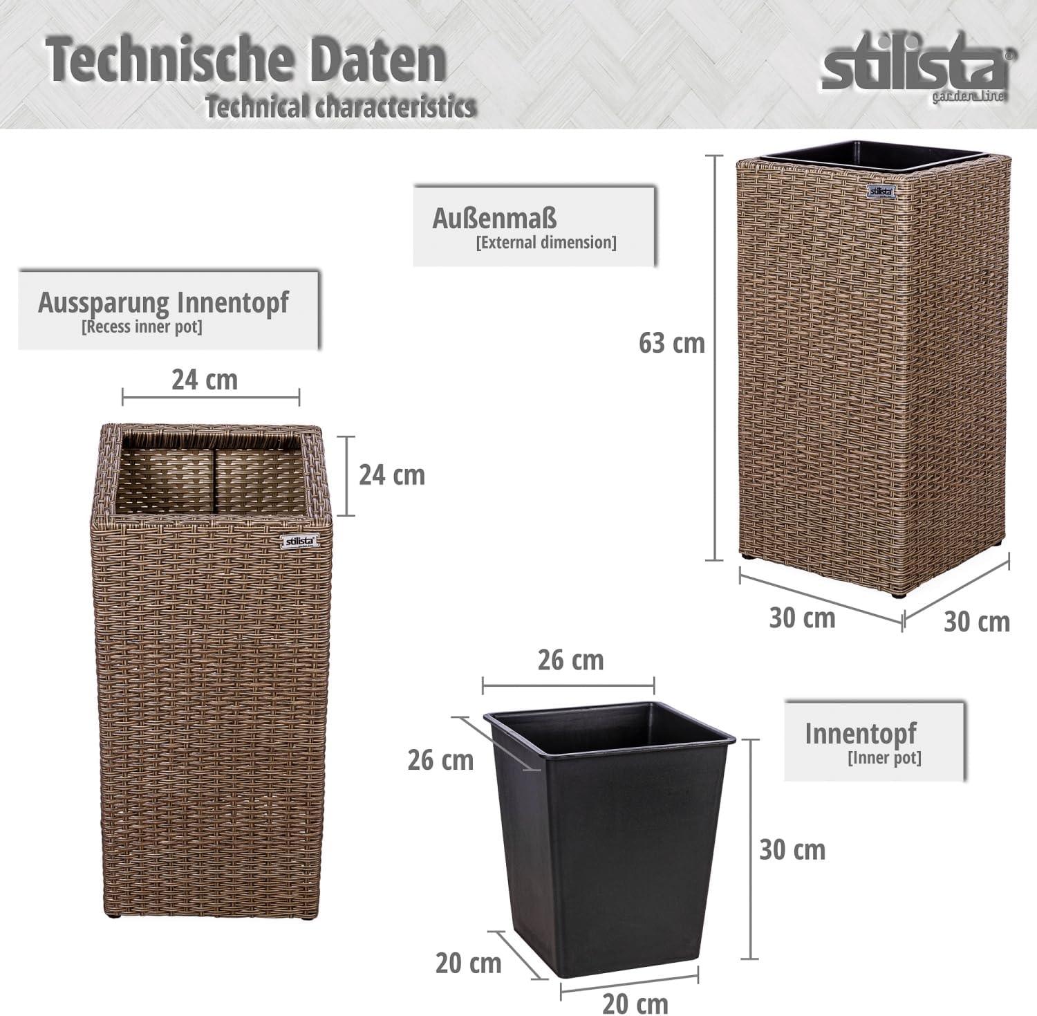 Bild von STILISTA Pflanzkübel Polyrattan Pflanzkasten Pflanzkübel Blumentopf, 63 x 30 x 30 cm inkl. Innentopf und Wasserablauf, Farbwahl