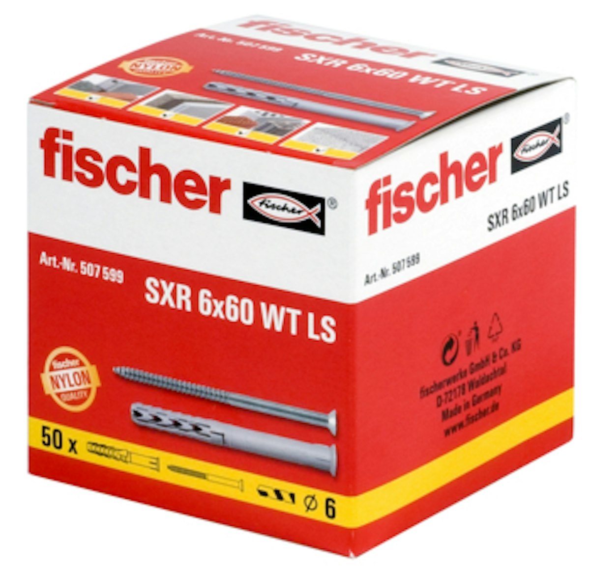 Bild von fischer Langschaftdübel SXR 8 x 60 WT LS, hochwertiger Spreizdübel mit passender Holzschraube, Nylondübel für optimalen Halt bei Befestigungen in Beton, Ziegel und Mauerwerk, 25 Stück