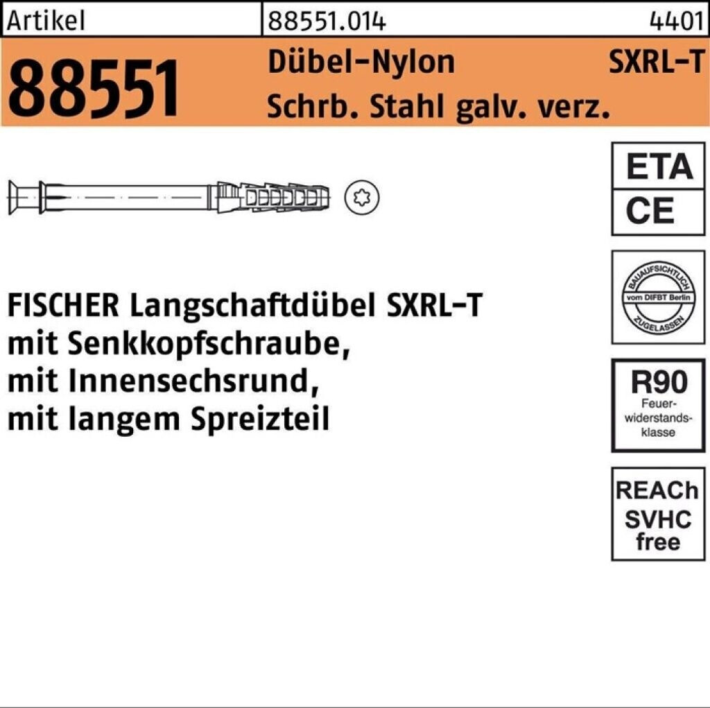 Bild von Fischer Befestigungstechnik Rahmendübel Langschaftdübel SXRL mit Senkkopfschraube, 10 x 200 mm, (50-tlg), Senkkopf