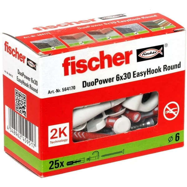 Bild von fischer 564170 Round, Set aus 25 Rundhaken-Schrauben und DuoPower, Spanplattenschrauben mit Haken, Flexible Schraubhaken zur Montage in zahlreichen Baustoffen EasyHook, Weiß, 6 x 30 Dübeln