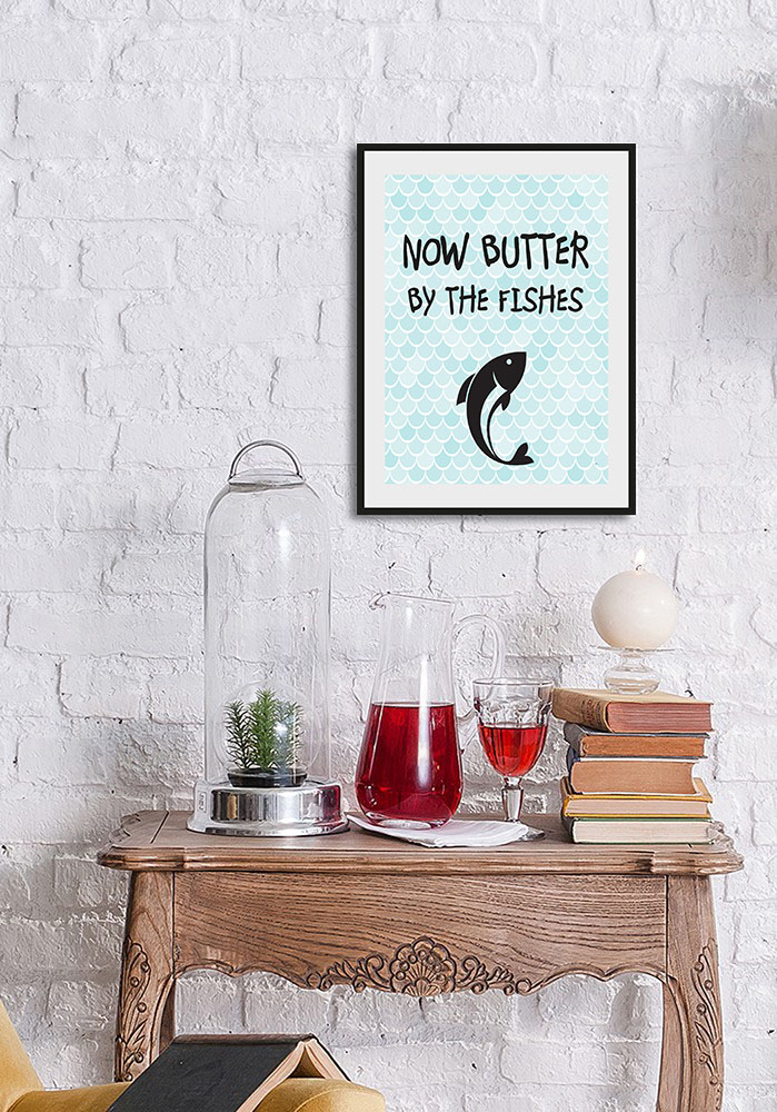 Bild von queence Bild »Butter bei die Fische«, Schriftzug-Humor-Sprüche & Texte-Wassertiere-Fisch & Meeresfrüchte, (1 St.), HD Premium Poster-Druck inkl. Holzrahmen