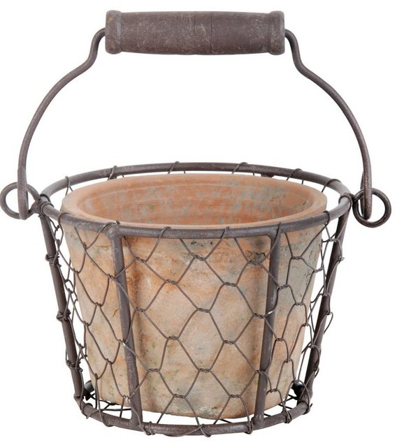 Bild von 3 Stück Esschert Design Blumentopf, Übertopf in Aged Terracotta im Henkelkorb, ca. 15 cm x 13 cm x 9,5 cm