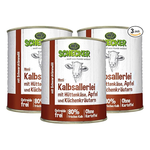 Bild von Schecker - Schecker Hundemenü - Kalbsallerlei mit Hüttenkäse, Apfel und Küchenkräutern [6 x 410g]