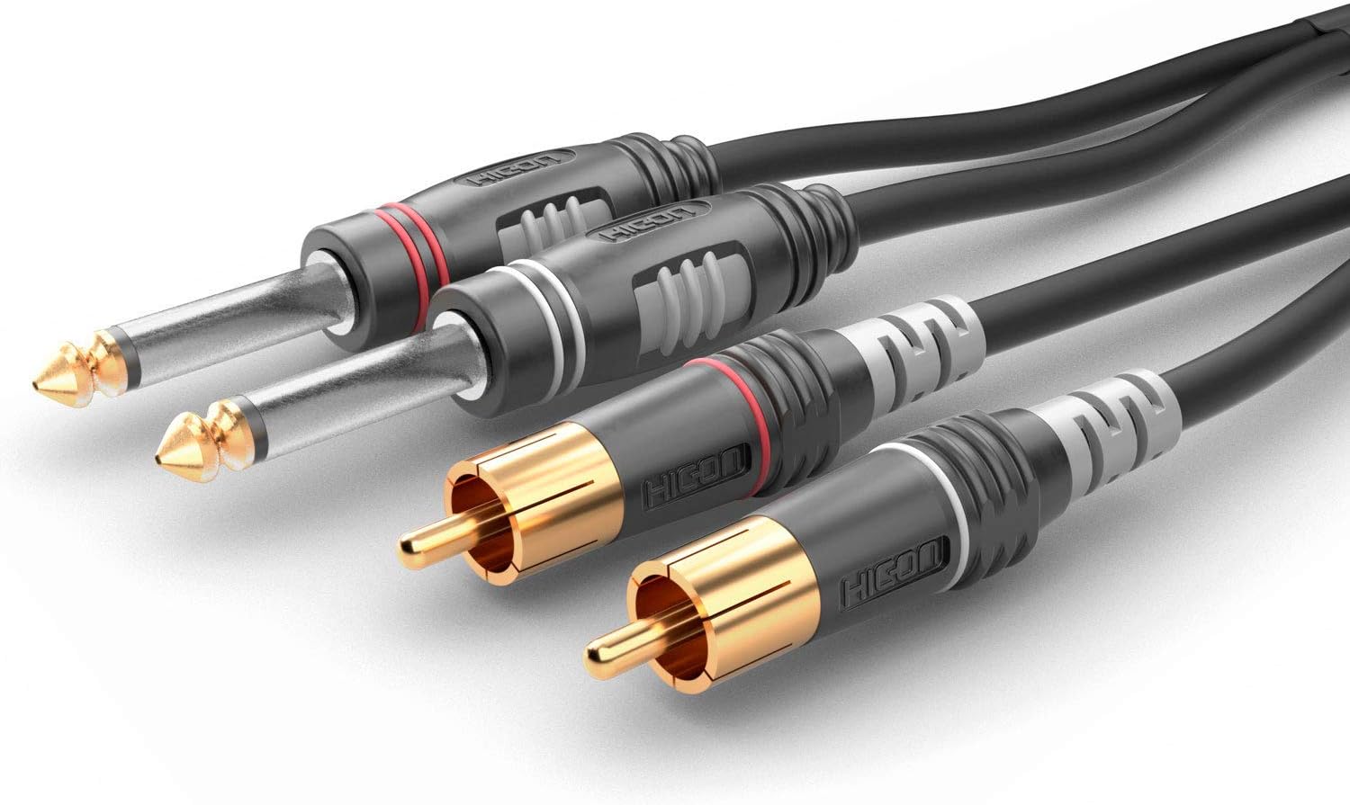 Bild von Sommer Cable Basic 60cm / 0,6m Adapterkabel (L+R) 2x 6,3mm Klinke Mono 2-pol auf 2x Cinch RCA Stecker mit Hicon Connectors | HBA-62C2-0060