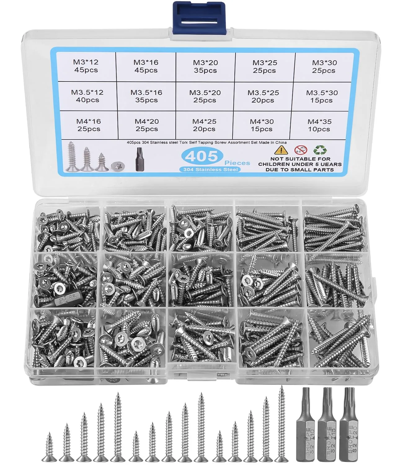 Bild von 405-teiliges Schrauben-Sortiment mit M3, M3,5 und M4 Holzbauschrauben sowie Edelstahl-Blechschrauben und 3 Bits