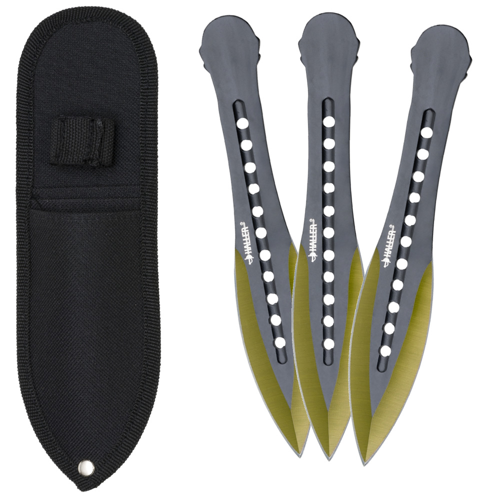 Bild von Wurfmesser 3 tlg. Set gold mit Etui 185mm á 65g