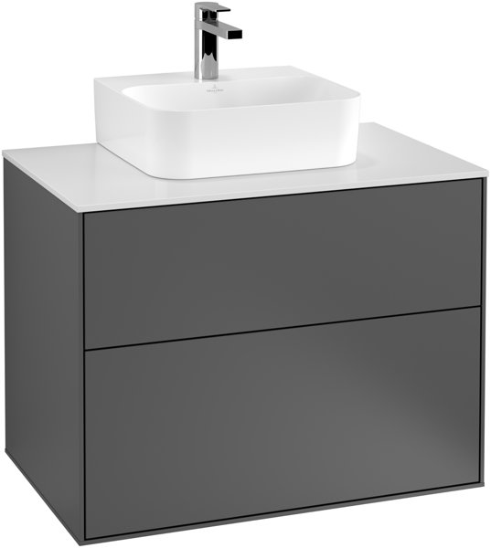 Bild von Villeroy und Boch Finion Waschtischunterschrank G08200, 800x603x501mm, mit LED- Beleuchtung, Abdeckplatte Black Matt, Farbe: Glossy White Lacquer