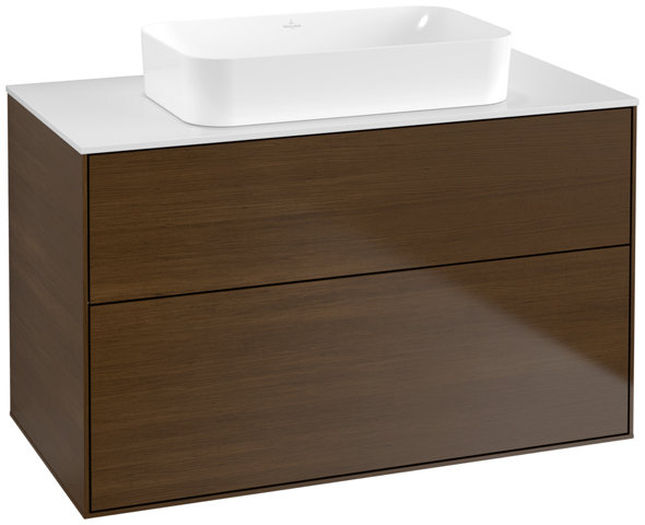 Bild von Villeroy und Boch Finion Waschtischunterschrank F64100, 1000x603x501mm, Abdeckplatte White Matt, Farbe: Walnut Veneer