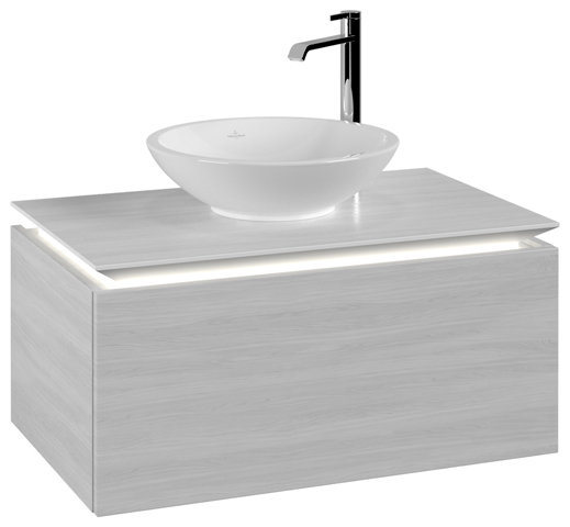 Bild von Villeroy & Boch Legato Waschtischunterschrank B601, 800x380x500mm, Waschtisch mittig, LED- Beleuchtung, Farbe: White Wood