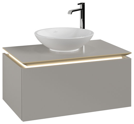 Bild von Villeroy & Boch Legato Waschtischunterschrank B601, 800x380x500mm, Waschtisch mittig, LED- Beleuchtung, Farbe: Soft Grey