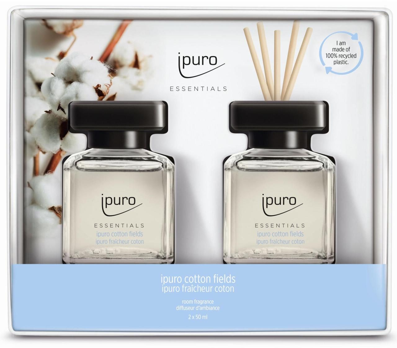 Bild von ipuro - Essentials Raumduft COTTON FIELDS 2x50ml | Raumerfrischer mit Sternanis, Vanilleblume & Geranie, Rose, Veilchen, Zedernholz Duft Aroma | Diffuser mit Stäbchen | Lufterfrischer für die Wohnung