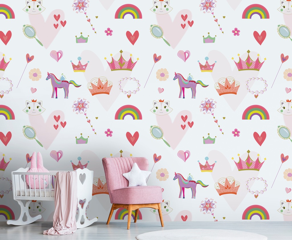 Bild von living walls Fototapete "Fototapete Mädchenzimmer Prinzessin und Einhörner", matt-gemustert-neutral, Kinder-Tapete Tapeten Kinderzimmer Schlafzimmer modern Design Optik