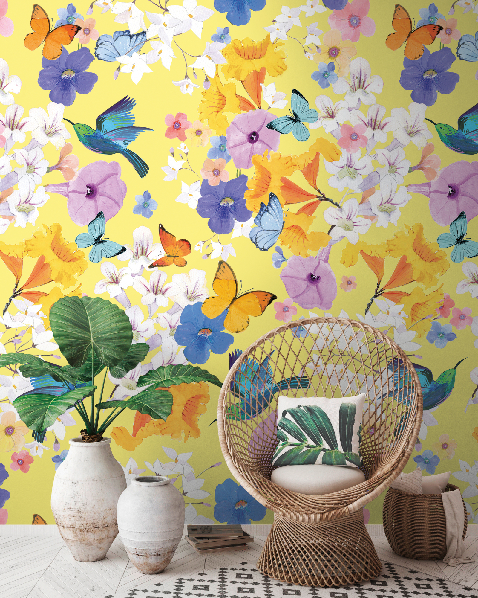Bild von Livingwalls Vliestapete - Tapete Blumen in Gelb, Blau und Weiß - Wandtapete für verschiedene Räume - Wandbild XXL 2,80 m x 1,59 m