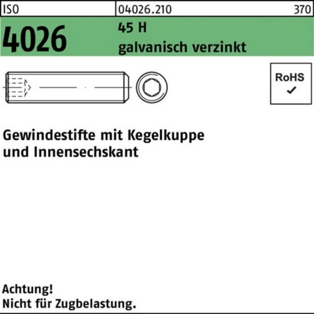 Bild von Reyher Gewindebolzen 100er Pack Gewindestift M 10 x 40 ISO 4026 Kegelkuppe/Innen-6-kant 45