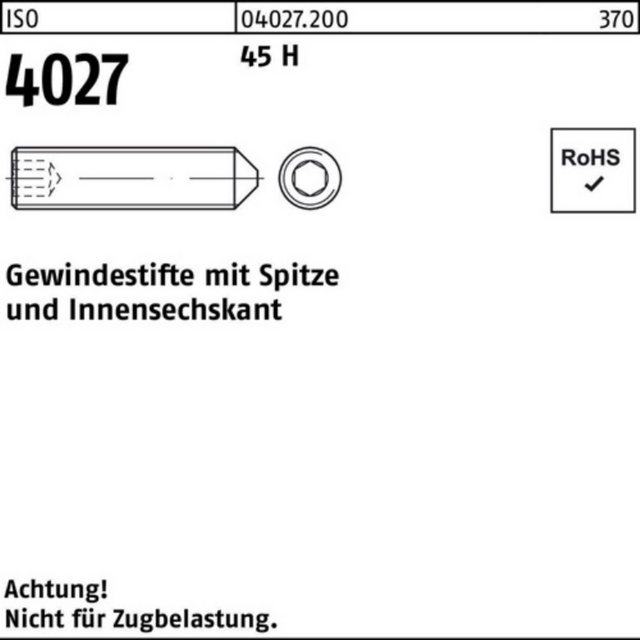 Bild von Reyher Gewindebolzen 100er Pack Gewindestift M 20 x 60 ISO 4027 Spitze/Innensechskant 45 H