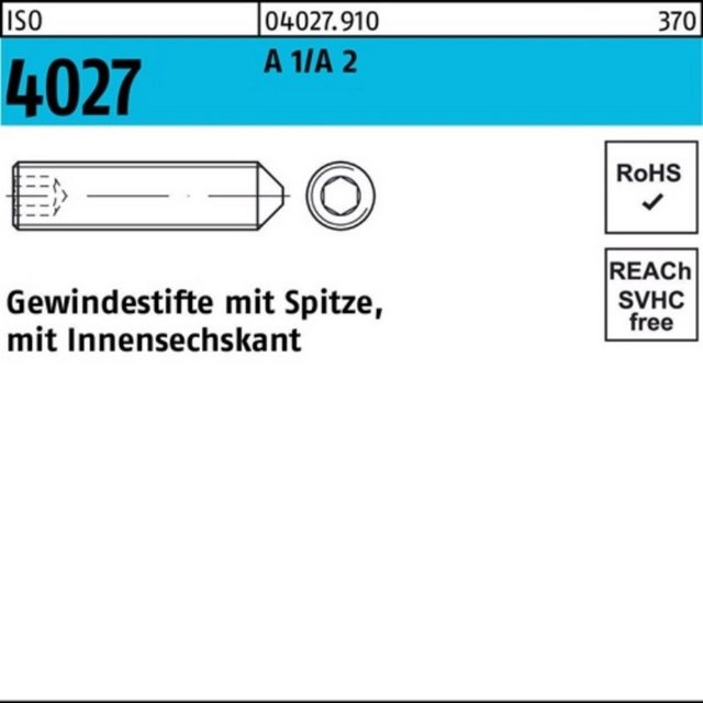 Bild von Reyher Gewindebolzen 100er Pack Gewindestift M 8 x 40 ISO 4027 Spitze/Innensechskant A 2