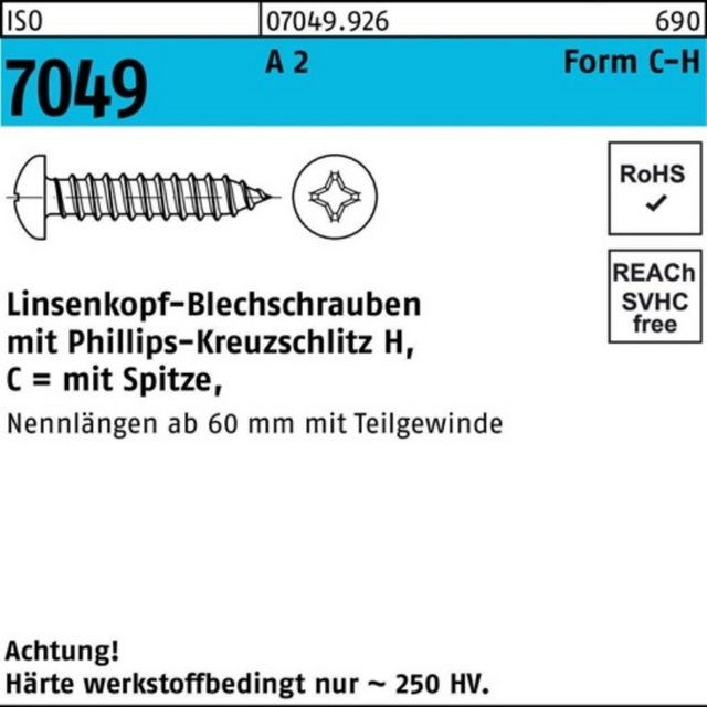 Bild von Reyher Blechschraube 100er Pack Blechschraube C 2,9 x 9,5-H ISO 7049 LIKO m.Spitze/Kreuzsch