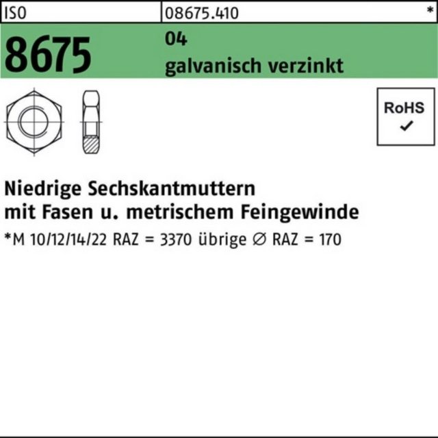 Bild von Reyher Muttern 100er Pack Sechskantmutter M 42 x 1,5 ISO 8675 m.Fasen Automatenstahl