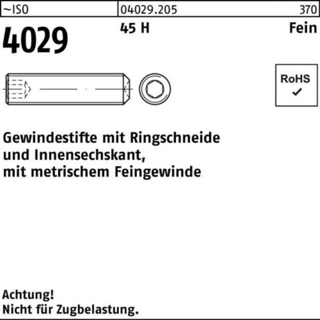 Bild von Schrauben, Gewindestift ISO 4029 Ringschneide/Innen-6-kant M 12x1,25x 30 45 H Feingewinde (100 Schrauben pro Stück)