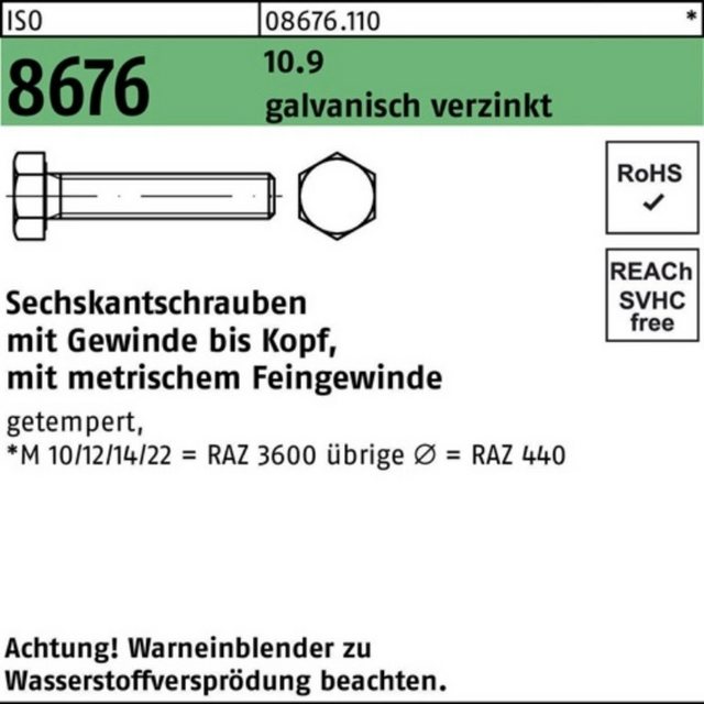 Bild von Reyher Sechskantschraube 100er Pack Sechskantschraube M 14x1,5 x 35 ISO 8676 VG 10.9 galvanisch