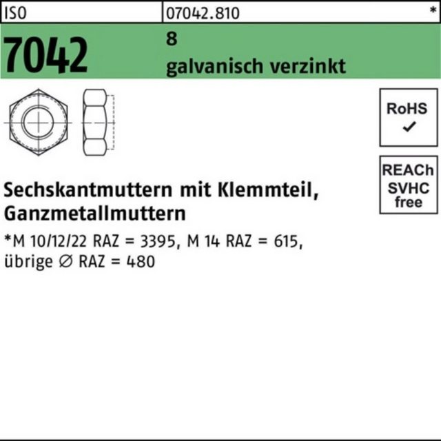 Bild von Reyher Muttern 100er Pack Sechskantmutter M 24 ISO 7042 m.Klemmteil 8 galvanisch verz