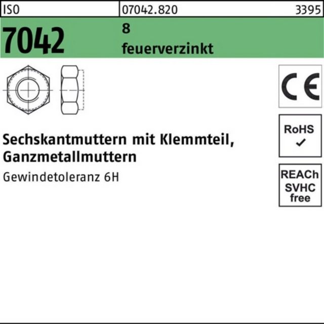 Bild von Reyher Muttern 100er Pack Sechskantmutter M 16 ISO 7042 m.Klemmteil 8 feuerverzinkt