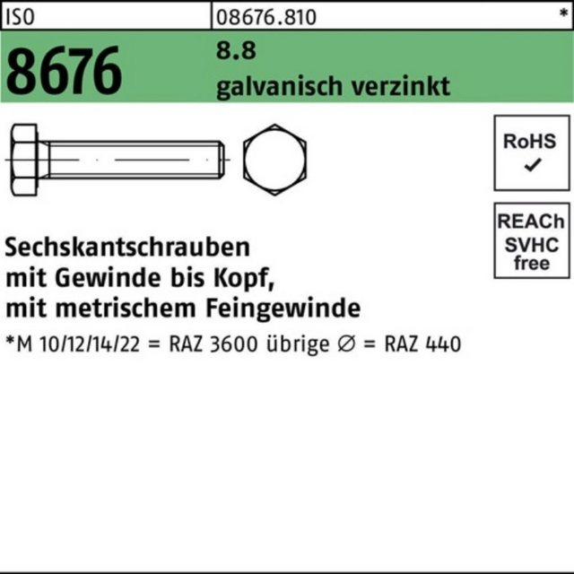 Bild von Reyher Sechskantschraube 100er Pack Sechskantschraube M 18 x1,5 x 40 ISO 8676 VG 8.8 galvanisch