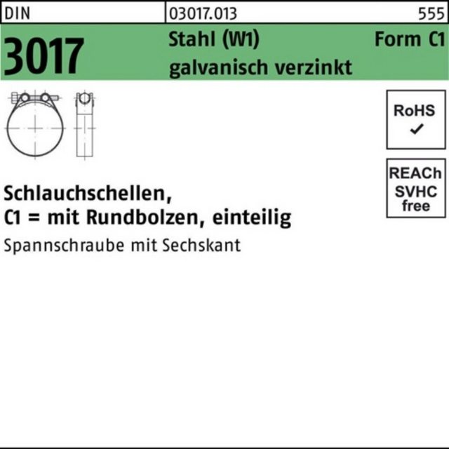 Bild von Reyher Schlauchschelle 100er Pack Schlauchschelle DIN 3017 W1 FormC1 213-226/30 Stahl galv.verz. 5 StückDIN 3017 Stahl (W1) Form C1 galvanisch verzinkt Schlauchschellen · mit Rundbolzen · einteilig - Abmessung: 213-226/30 VE=S (5 Stück) Weitere technische Eigenschaften: · Typ: C1 · Durchm
