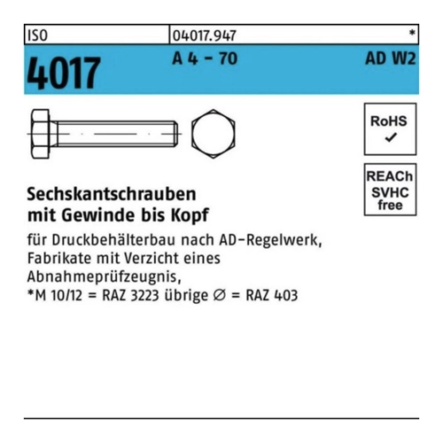 Bild von Hohe Qualität und Zuverlässigkeit: Sechskantschrauben ISO 4017 A 4-70 M 12 x 80