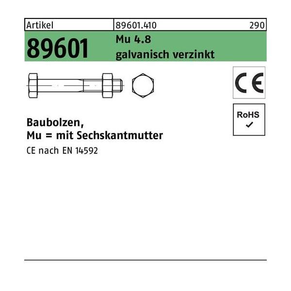 Bild von 15 Stk. Baubolzen R 89601 CE 6-ktmutter M16x 520 Mu 4.8 galv.verz. 15 Stück
