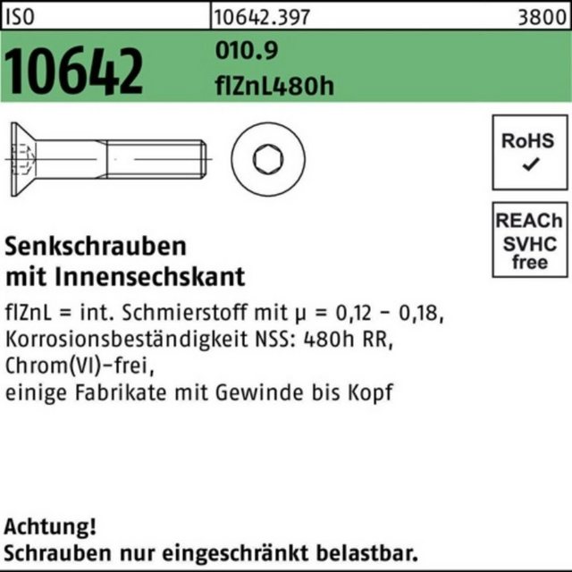 Bild von Reyher Senkschraube 200er Pack 106423970080040 Senkschraube ISO 10642 Innensechskant M 8 x