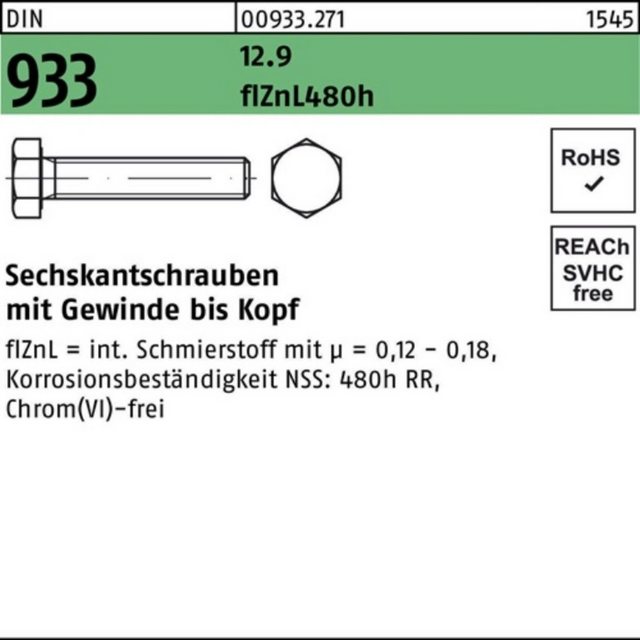Bild von Reyher Sechskantschraube 100er Pack Sechskantschraube DIN 933 VG M 16 x 45 12.9 flZnL 480h zink