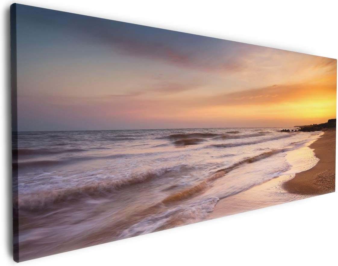 Bild von Wallario XXL Leinwandbild Sonnenuntergang am Strand - Abendspaziergang - Wandbild 60 x 150 cm Brillante lichtechte Farben, hochauflösend, verzugsfrei, Kunstdruck