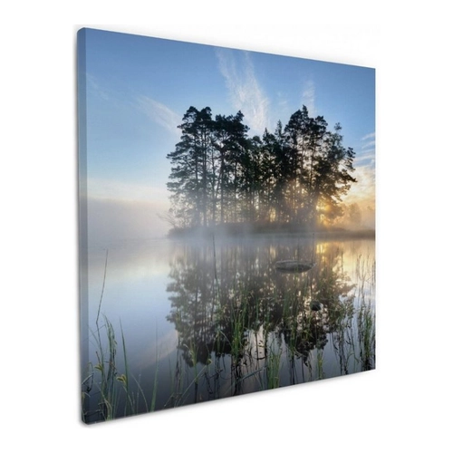 Bild von Wallario Leinwandbild, Stiller See mit Insel im Morgennebel